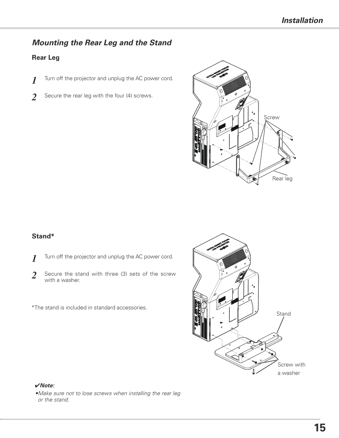 Sanyo PLC-XL50 owner manual Installation Mounting the Rear Leg and the Stand 