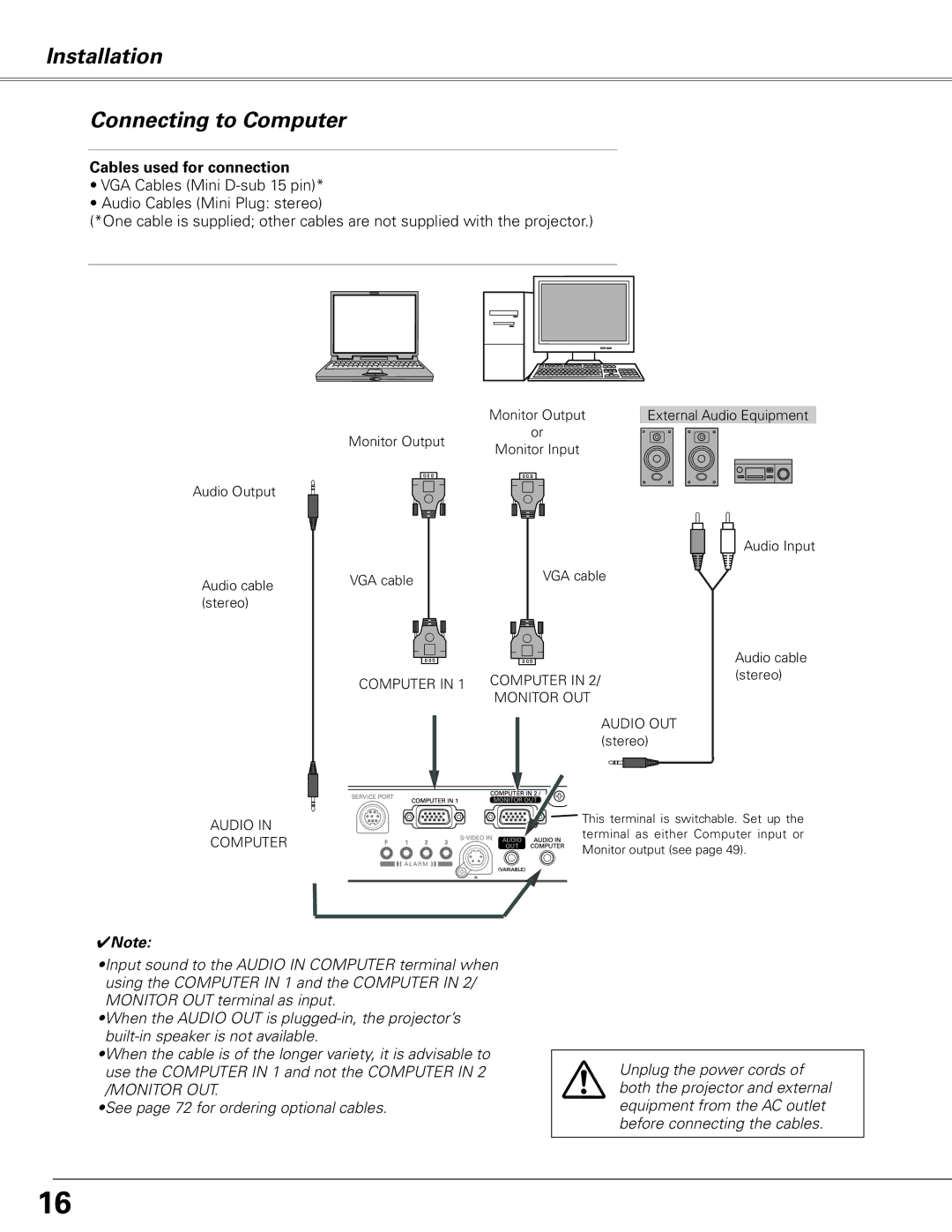 Sanyo PLC-XL50 owner manual Installation Connecting to Computer, Cables used for connection 