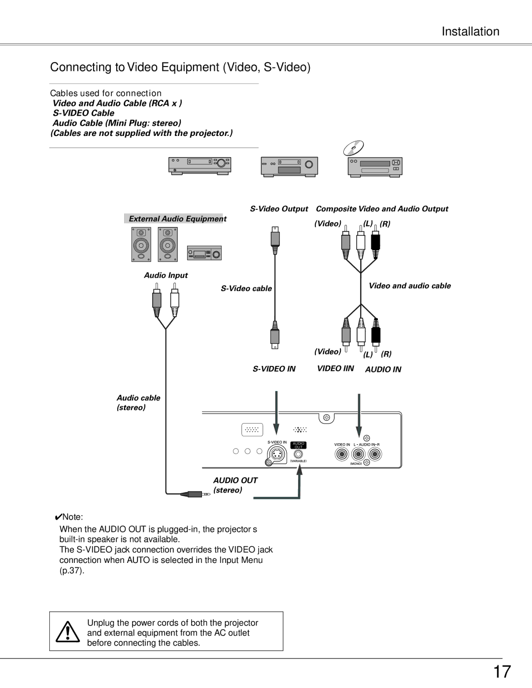 Sanyo PLC-XL50 owner manual Installation Connecting to Video Equipment Video, S-Video 