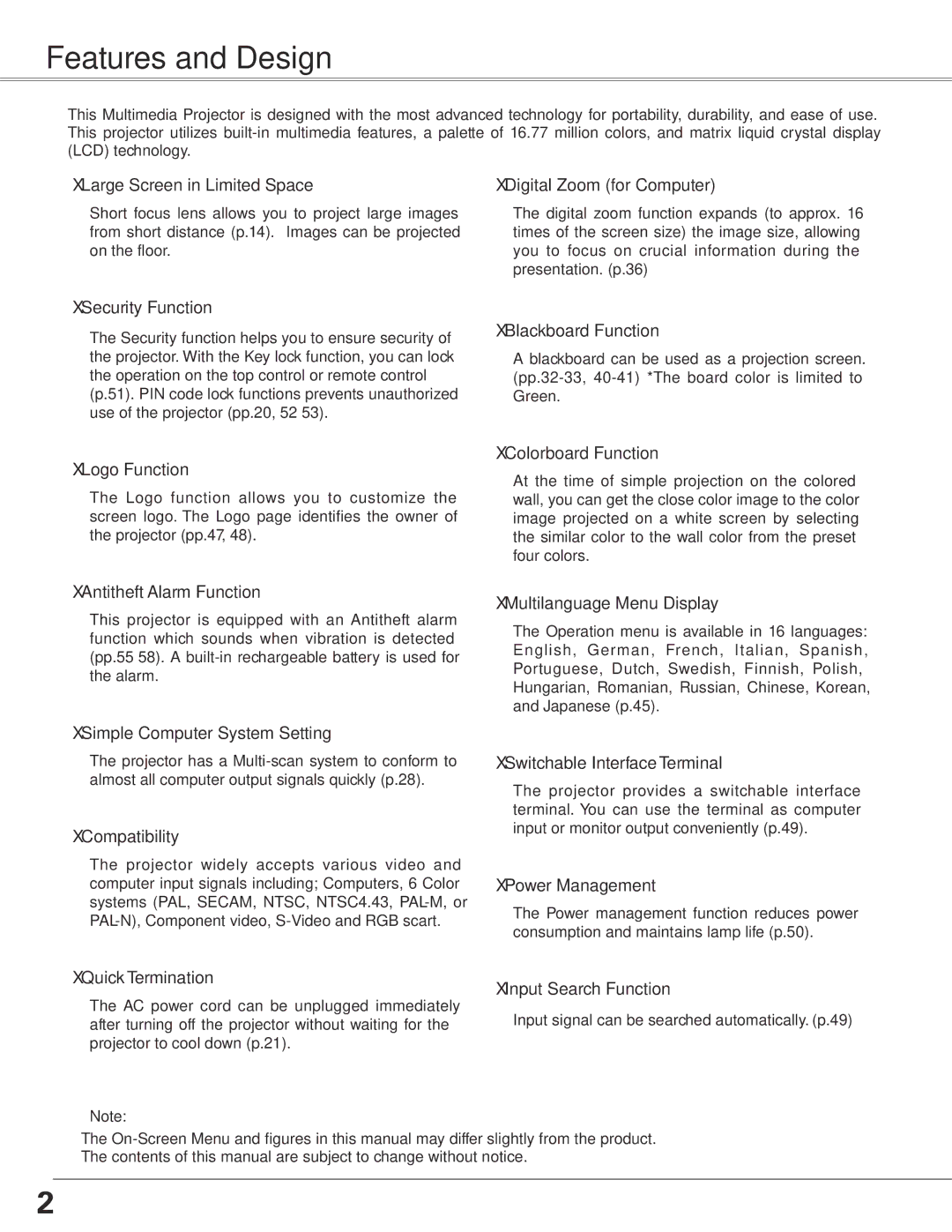 Sanyo PLC-XL50 owner manual Features and Design, Large Screen in Limited Space 