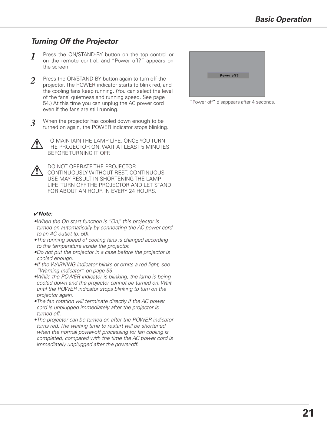 Sanyo PLC-XL50 owner manual Basic Operation Turning Off the Projector 