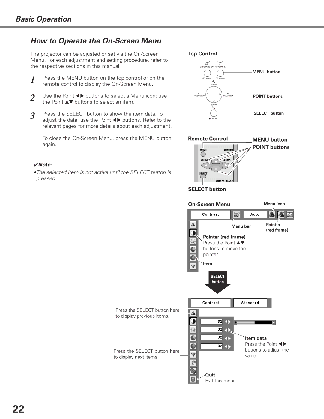 Sanyo PLC-XL50 Basic Operation How to Operate the On-Screen Menu, Top Control, Remote Control Select button On-Screen Menu 