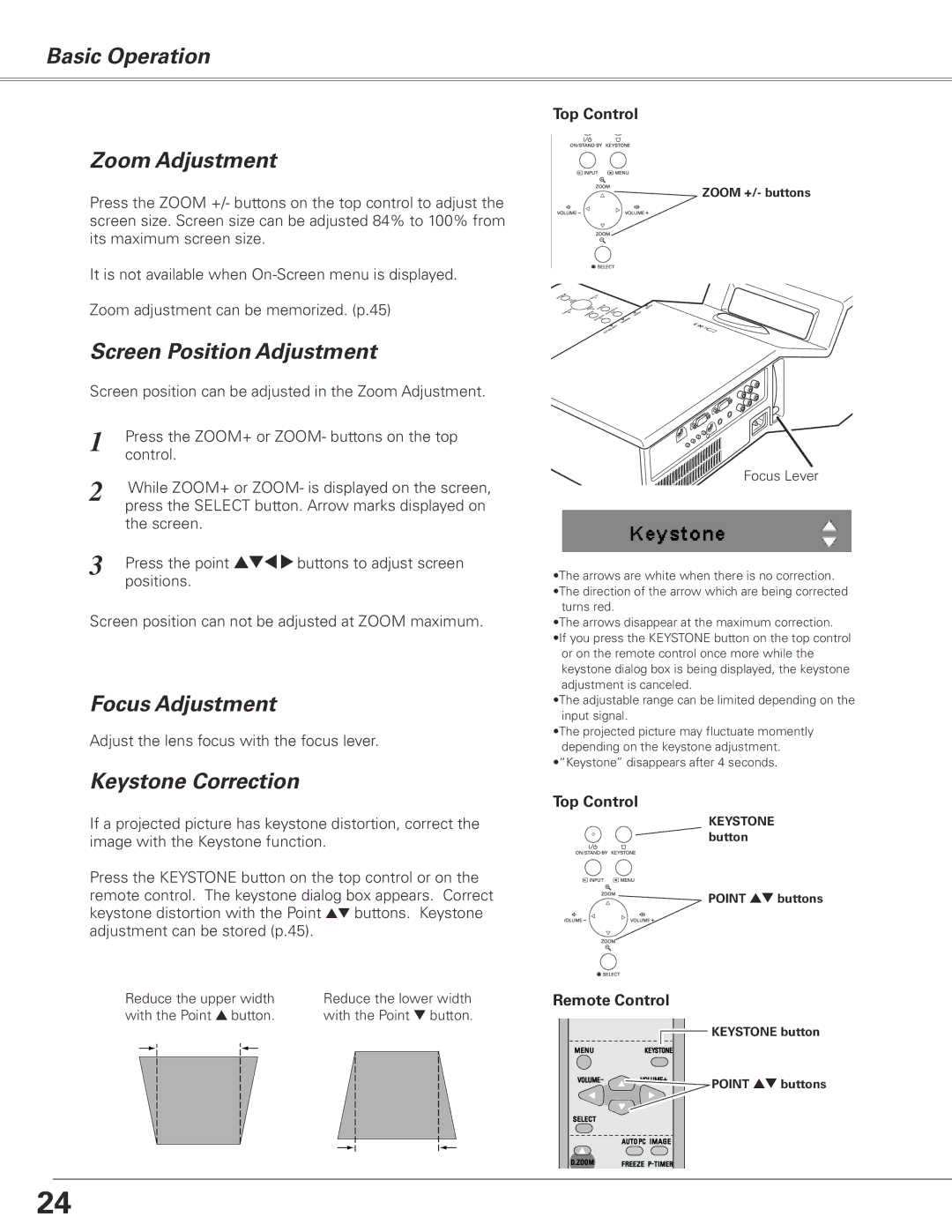 Sanyo PLC-XL50 Basic Operation Zoom Adjustment, Screen Position Adjustment, Focus Adjustment, Keystone Correction 