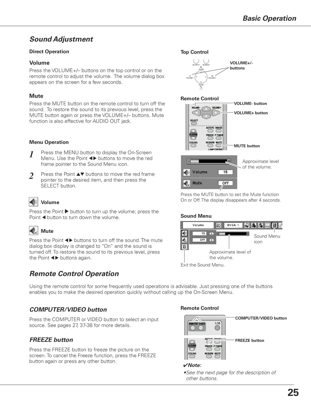 Sanyo PLC-XL50 Basic Operation Sound Adjustment, Remote Control Operation, COMPUTER/VIDEO button, Freeze button 