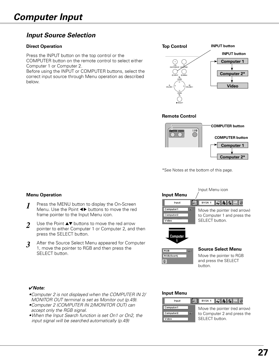 Sanyo PLC-XL50 owner manual Computer Input, Input Source Selection, Input Menu, Source Select Menu 