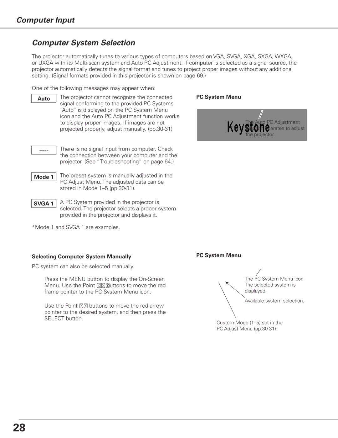 Sanyo PLC-XL50 Computer Input Computer System Selection, Auto, PC System Menu, Mode, Selecting Computer System Manually 