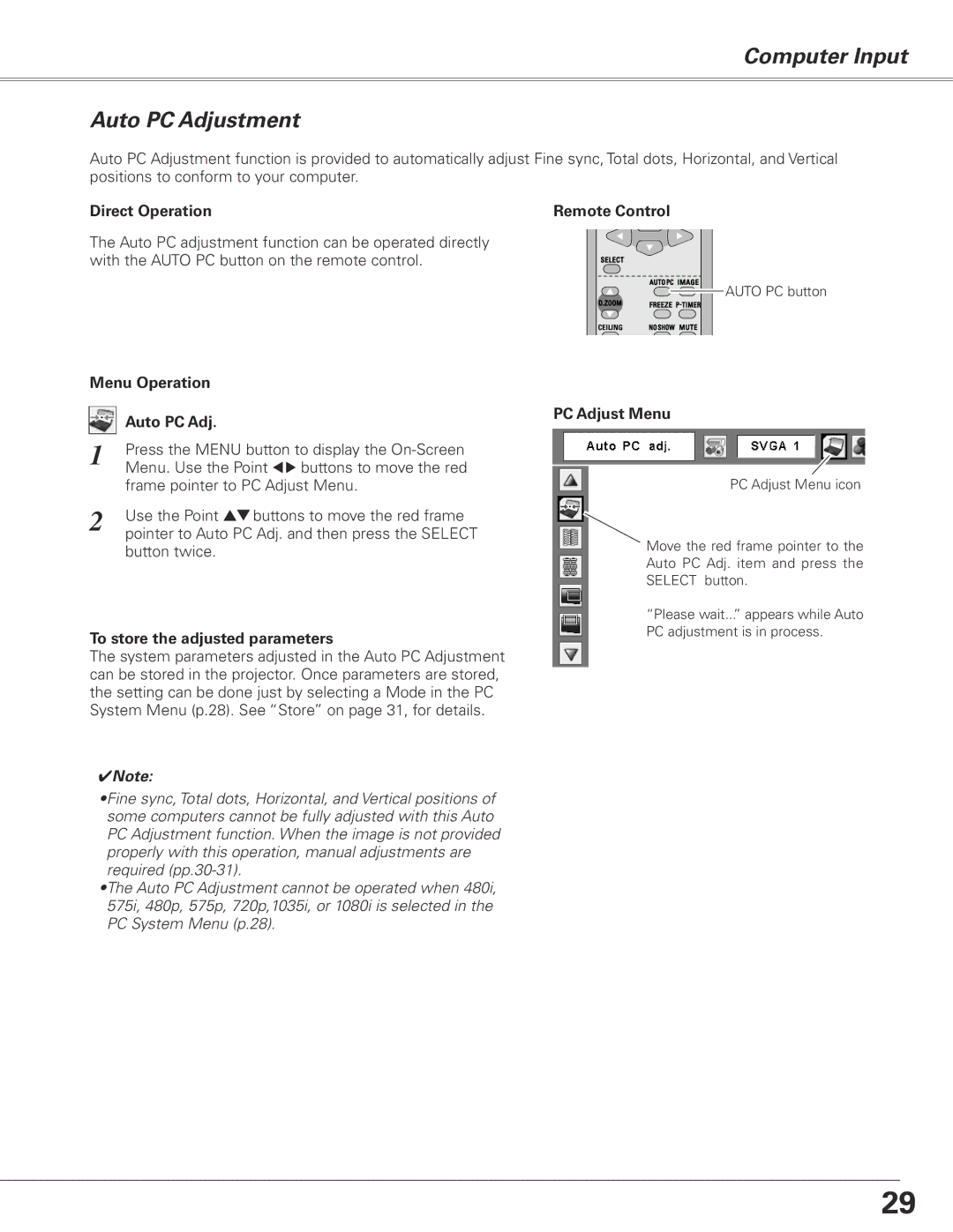 Sanyo PLC-XL50 owner manual Computer Input Auto PC Adjustment, Direct Operation Remote Control, Menu Operation Auto PC Adj 