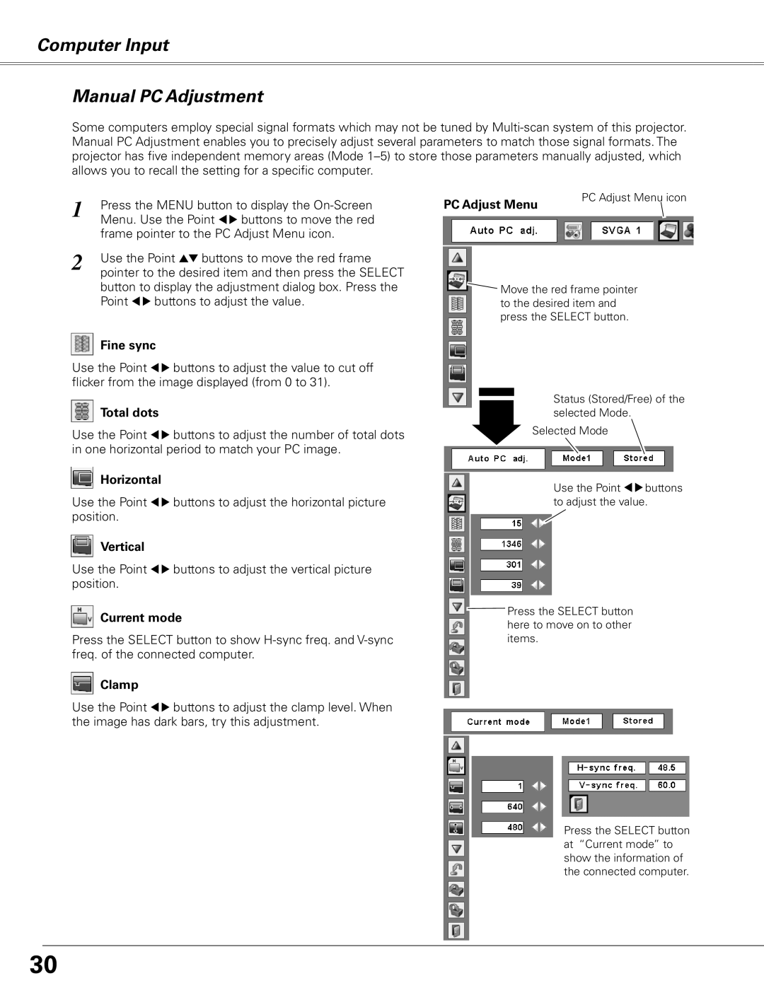 Sanyo PLC-XL50 owner manual Computer Input Manual PC Adjustment 