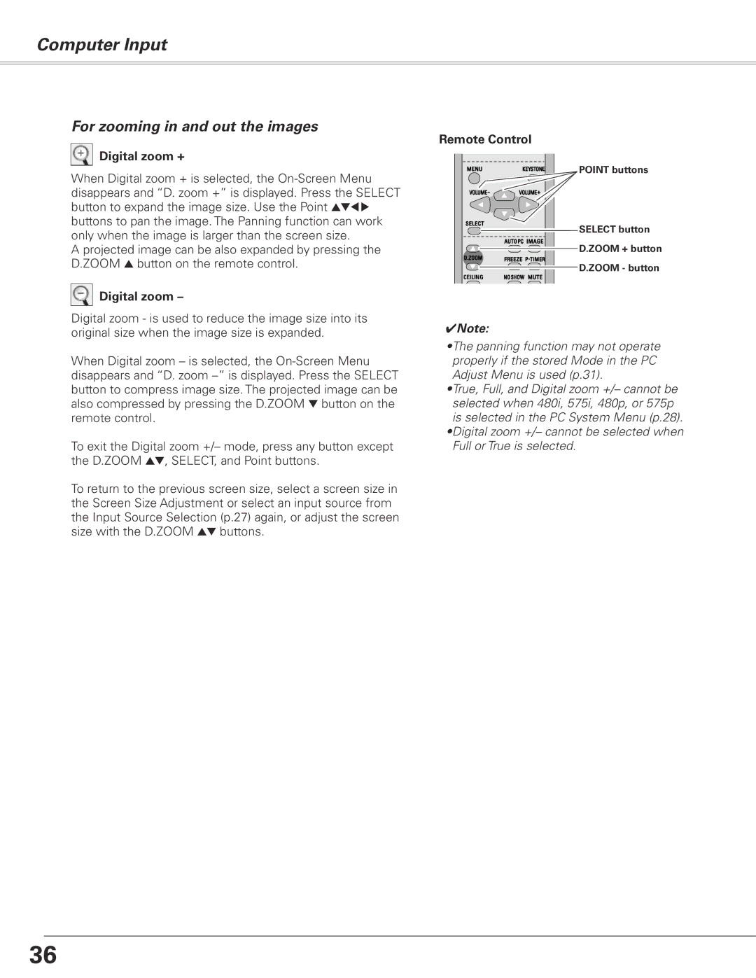 Sanyo PLC-XL50 owner manual For zooming in and out the images, Digital zoom + 