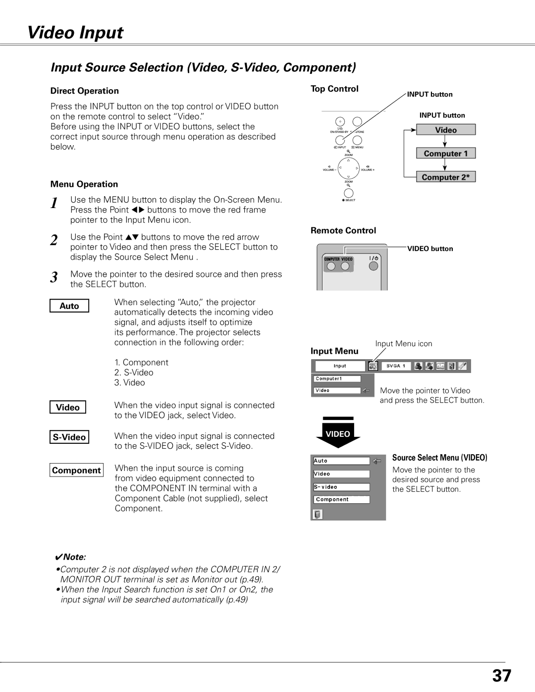 Sanyo PLC-XL50 owner manual Video Input, Input Source Selection Video, S-Video, Component, Auto Video Component 