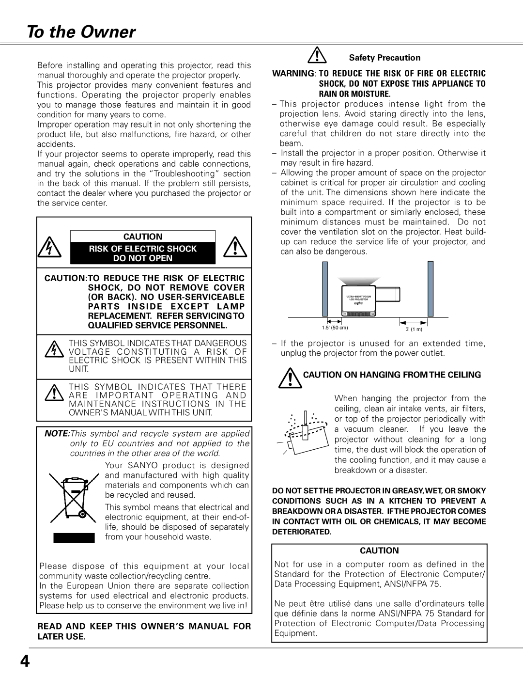 Sanyo PLC-XL50 owner manual To the Owner, Safety Precaution 