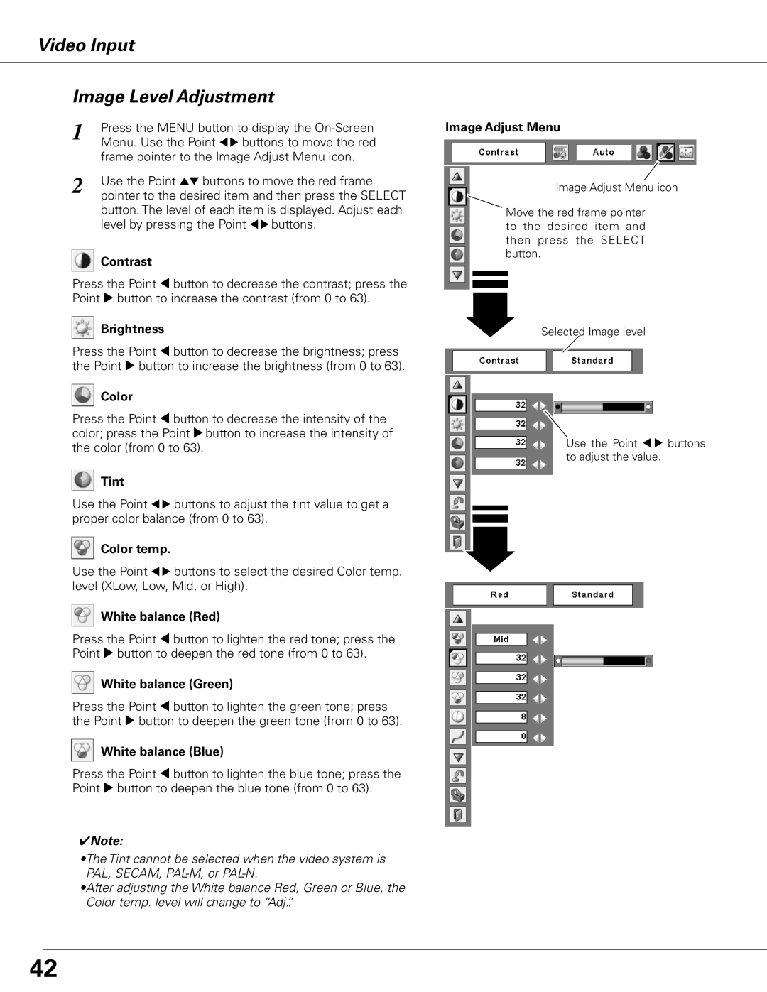 Sanyo PLC-XL50 owner manual Video Input Image Level Adjustment, Color, Tint 