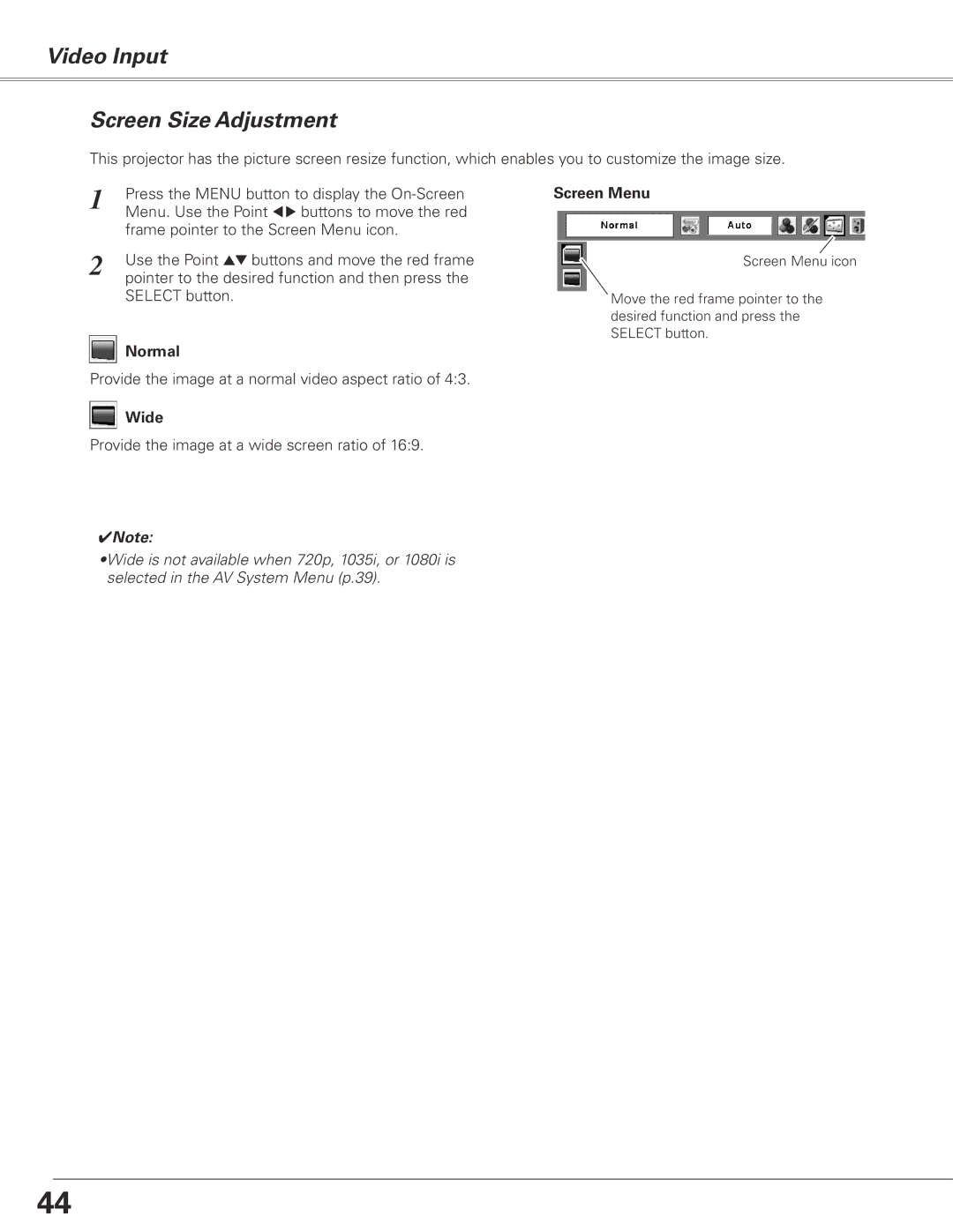 Sanyo PLC-XL50 owner manual Video Input Screen Size Adjustment, Normal 