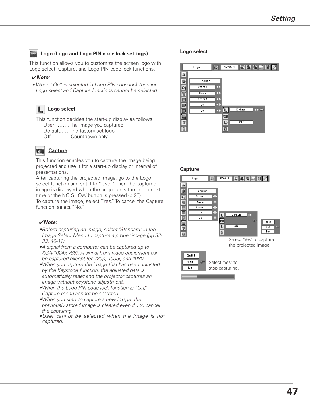 Sanyo PLC-XL50 owner manual Logo Logo and Logo PIN code lock settings, Logo select Capture 