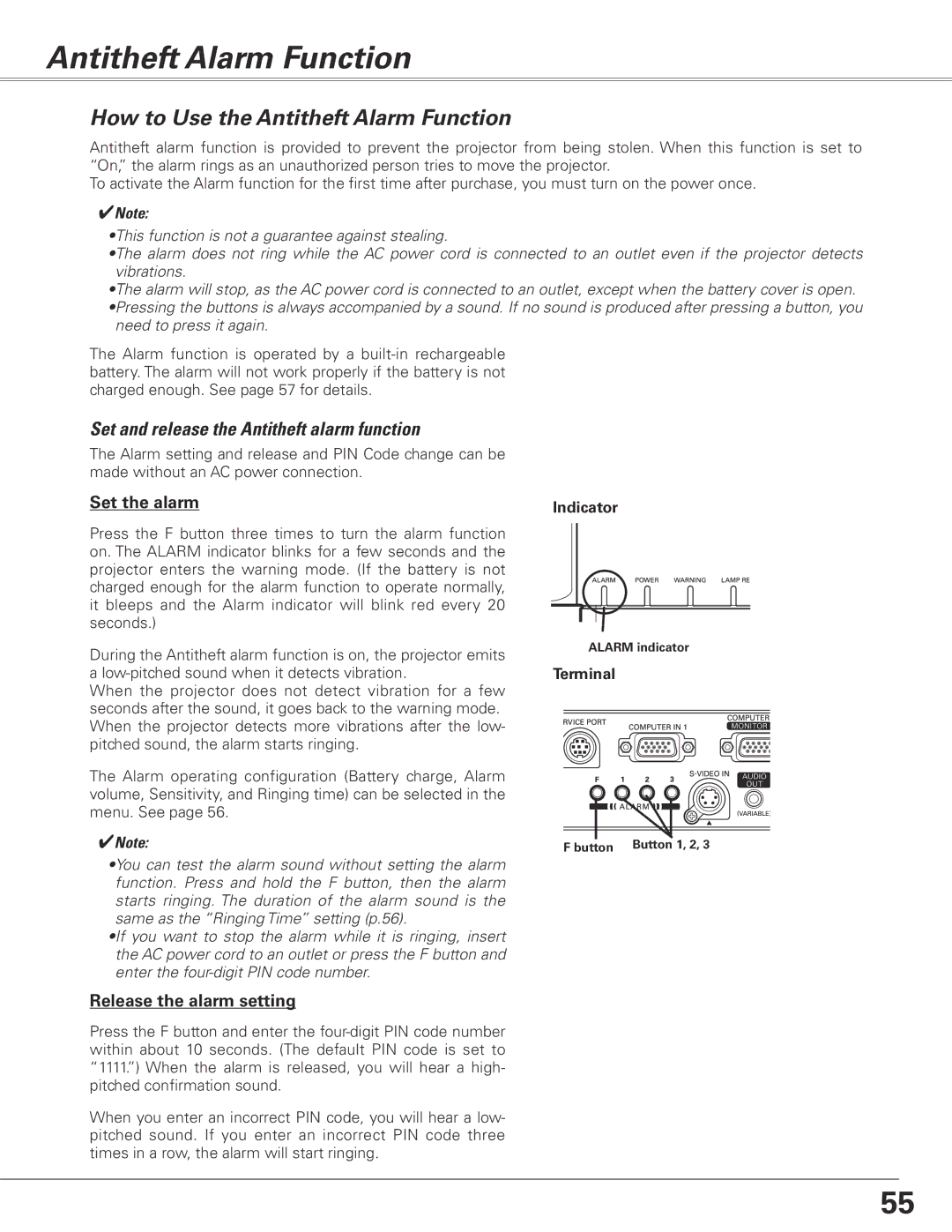 Sanyo PLC-XL50 How to Use the Antitheft Alarm Function, Set and release the Antitheft alarm function, Indicator 