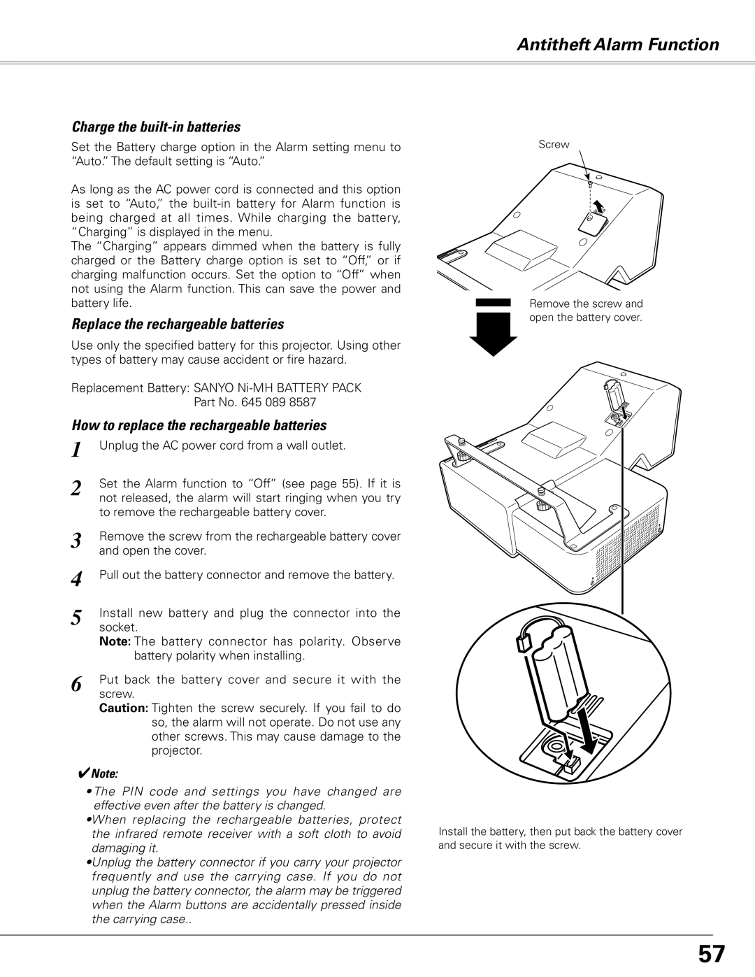 Sanyo PLC-XL50 owner manual Charge the built-in batteries, Replace the rechargeable batteries 