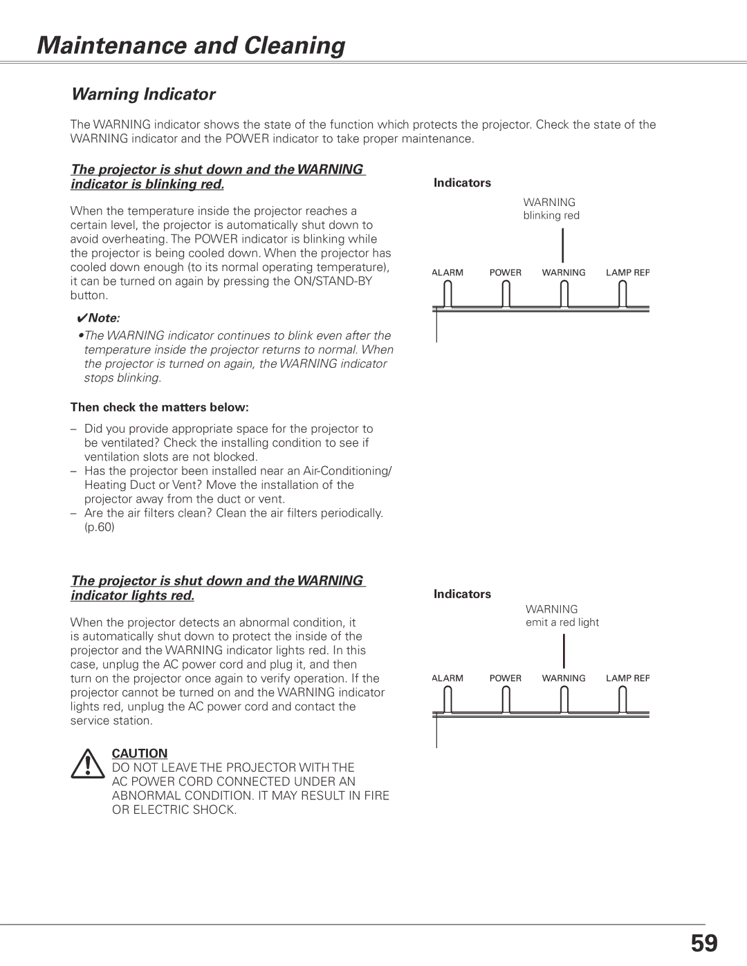 Sanyo PLC-XL50 owner manual Maintenance and Cleaning, Then check the matters below, Indicators 