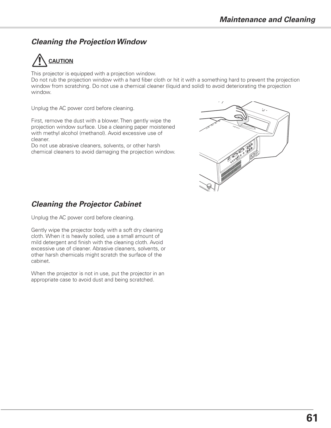 Sanyo PLC-XL50 owner manual Maintenance and Cleaning Cleaning the Projection Window, Cleaning the Projector Cabinet 