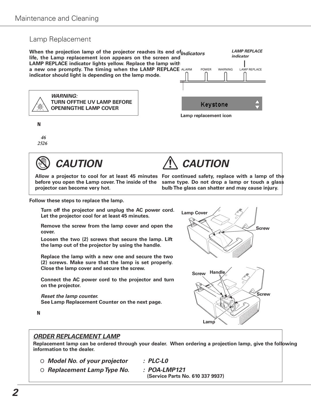 Sanyo PLC-XL50 owner manual Maintenance and Cleaning Lamp Replacement, Reset the lamp counter, Service Parts No 337 