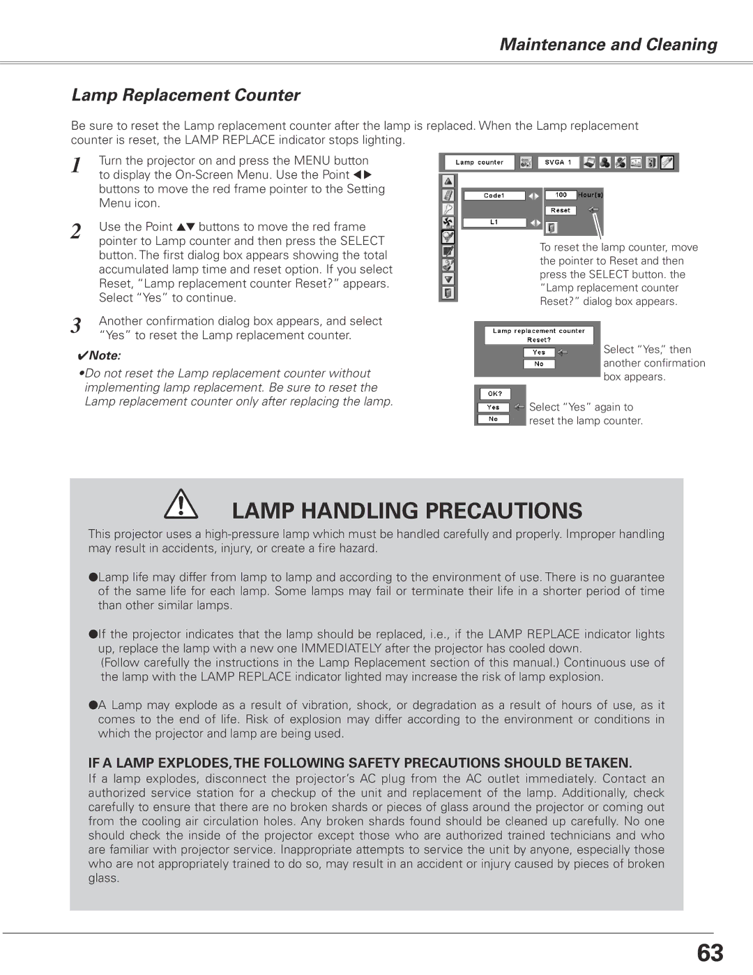 Sanyo PLC-XL50 owner manual Lamp Handling Precautions, Maintenance and Cleaning Lamp Replacement Counter 