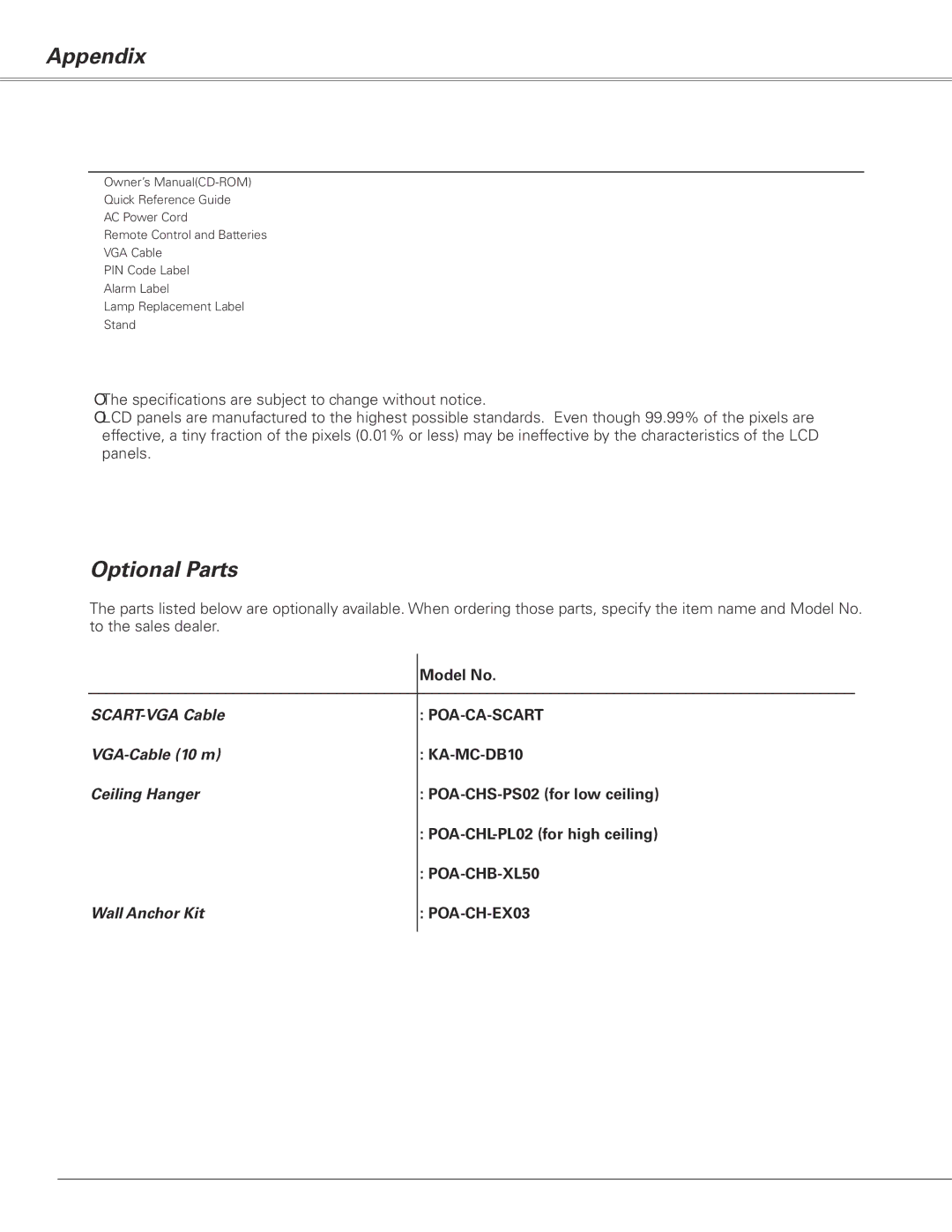 Sanyo PLC-XL50 owner manual Optional Parts, Accessories 