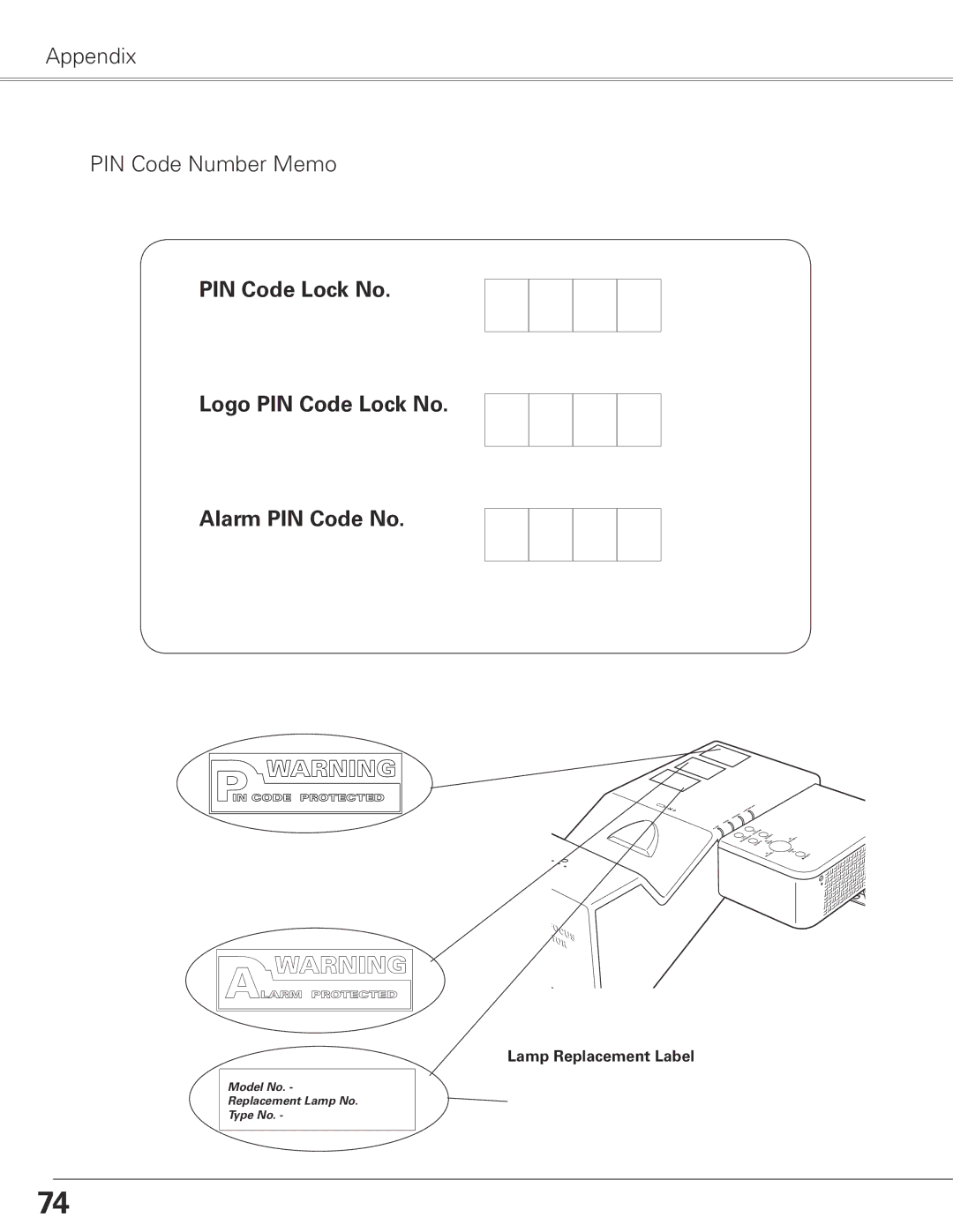 Sanyo PLC-XL50 owner manual Appendix PIN Code Number Memo, Lamp Replacement Label 