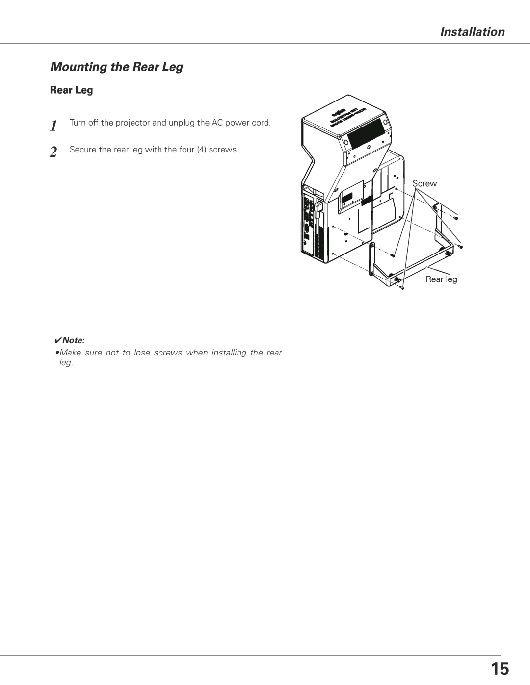 Sanyo PLC-XL50A owner manual Installation Mounting the Rear Leg 