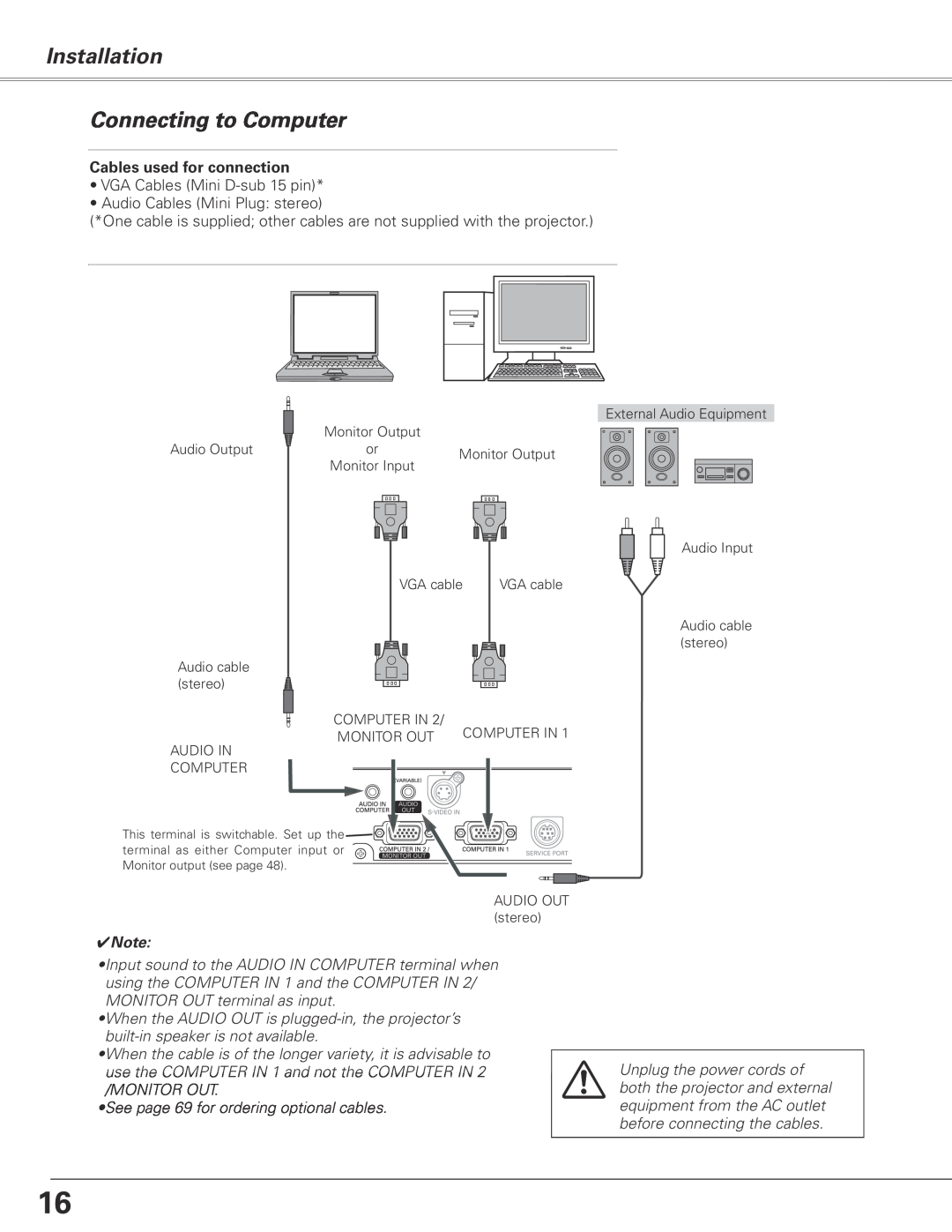 Sanyo PLC-XL50A owner manual Installation, Connecting to Computer, Cables used for connection 