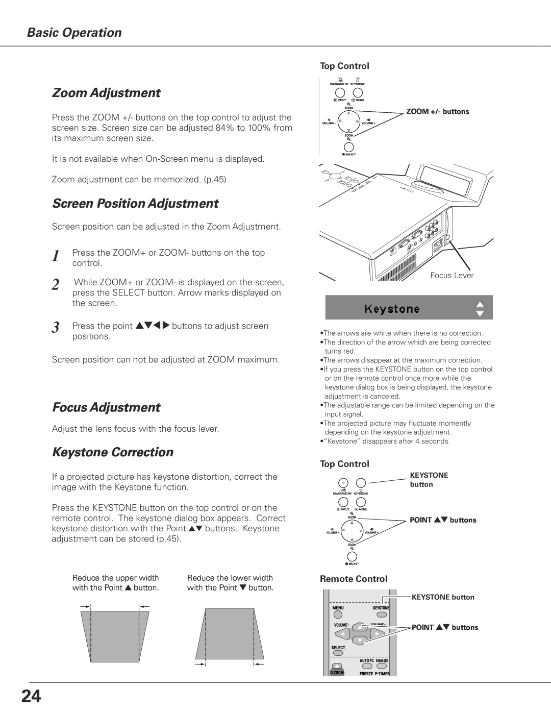 Sanyo PLC-XL50A Zoom Adjustment, Screen Position Adjustment, Focus Adjustment, Keystone Correction, Basic Operation 