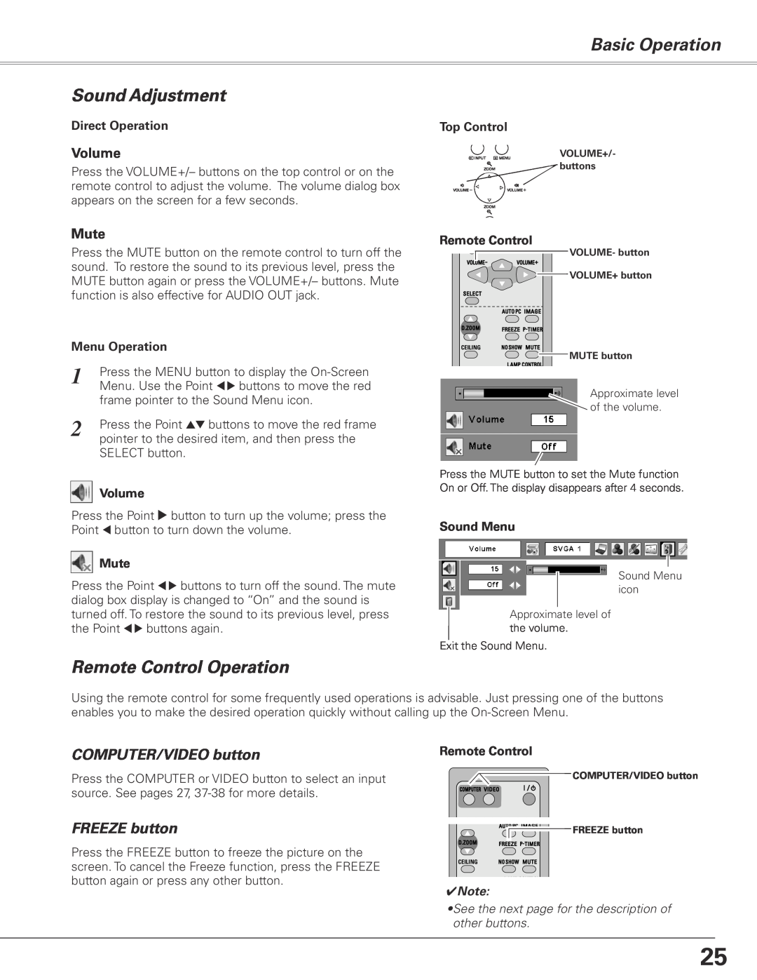 Sanyo PLC-XL50A Sound Adjustment, Remote Control Operation, COMPUTER/VIDEO button, FREEZE button, Basic Operation, Volume 