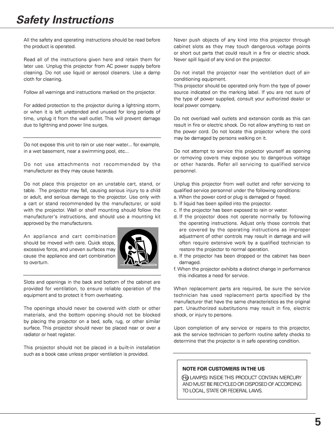 Sanyo PLC-XL50A owner manual Safety Instructions, Note For Customers In The Us 