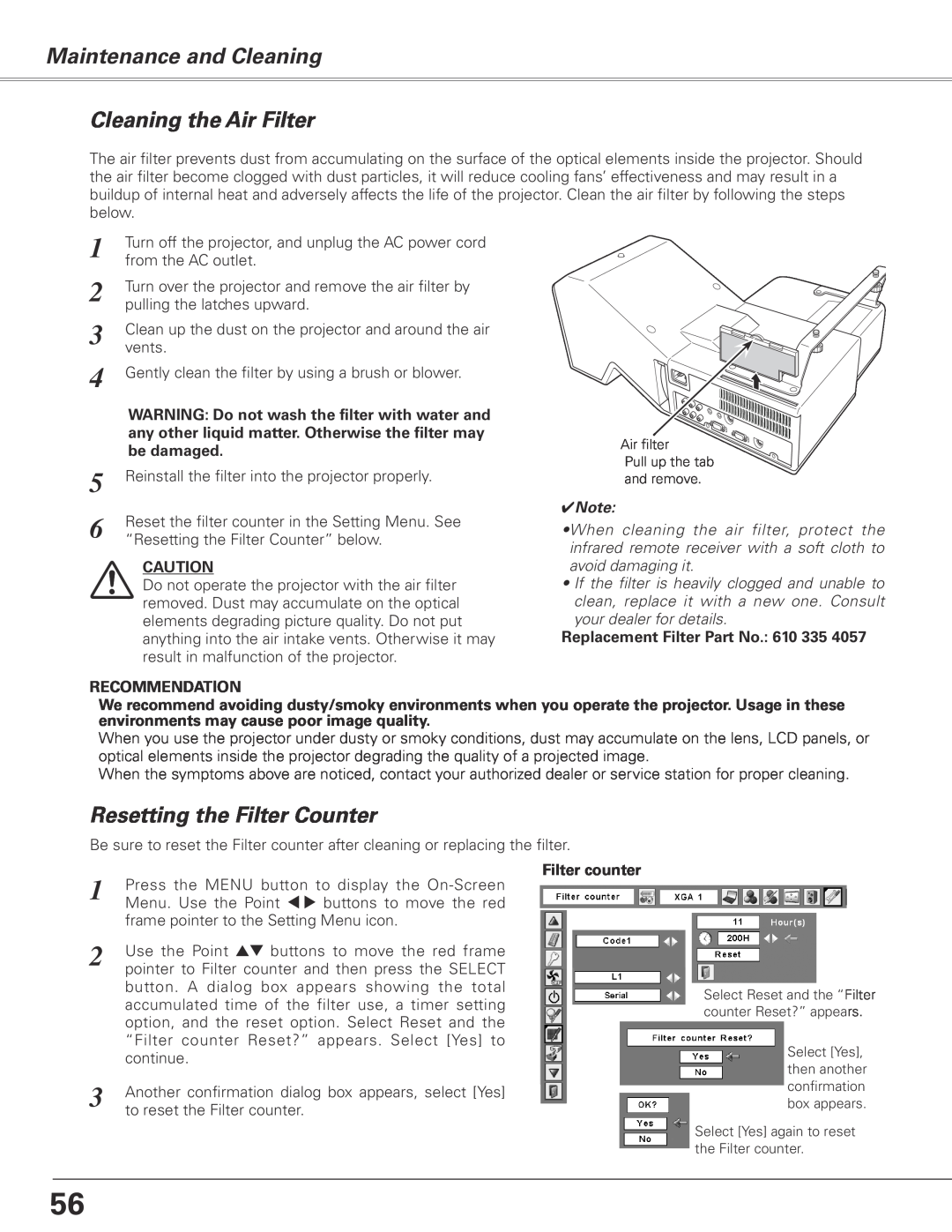 Sanyo PLC-XL50A owner manual Maintenance and Cleaning, Cleaning the Air Filter, Resetting the Filter Counter, be damaged 