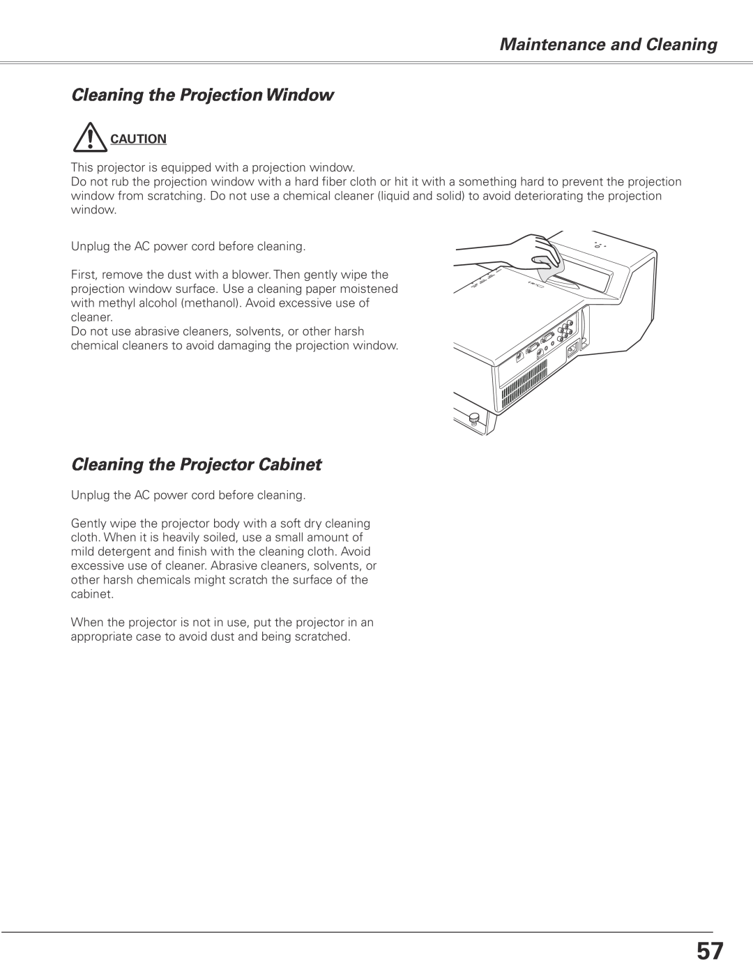 Sanyo PLC-XL50A owner manual Cleaning the Projection Window, Cleaning the Projector Cabinet, Maintenance and Cleaning 