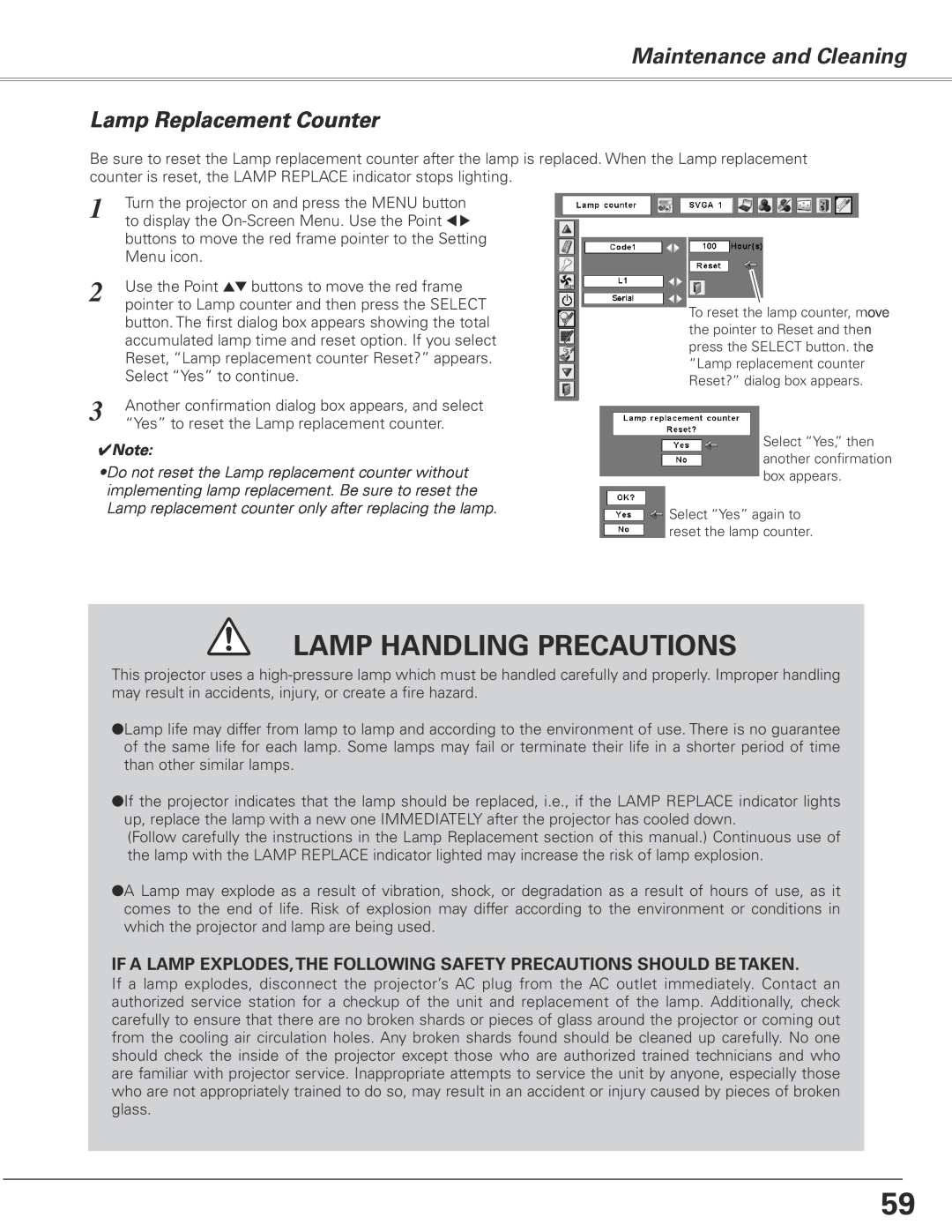 Sanyo PLC-XL50A owner manual Maintenance and Cleaning Lamp Replacement Counter, Lamp Handling Precautions 