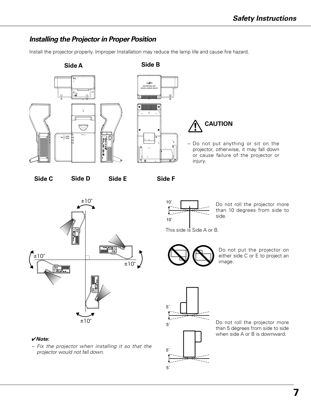 Sanyo PLC-XL50A Safety Instructions, Installing the Projector in Proper Position, Side A, Side C, Side D, Side E 