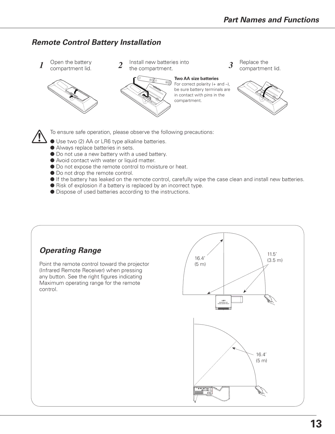 Sanyo PLC-XL50A owner manual Part Names and Functions Remote Control Battery Installation, Operating Range 