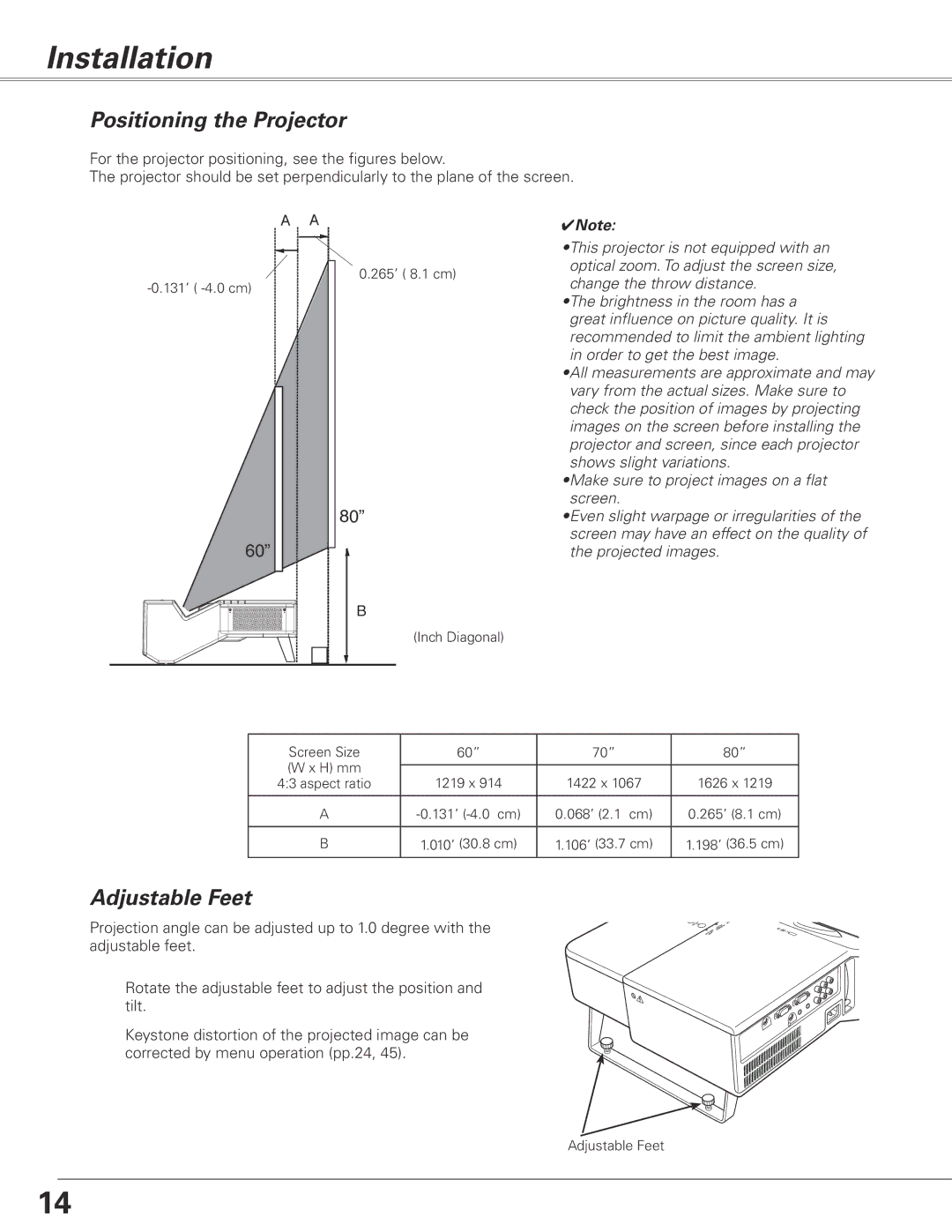 Sanyo PLC-XL50A owner manual Installation, Positioning the Projector, Adjustable Feet 