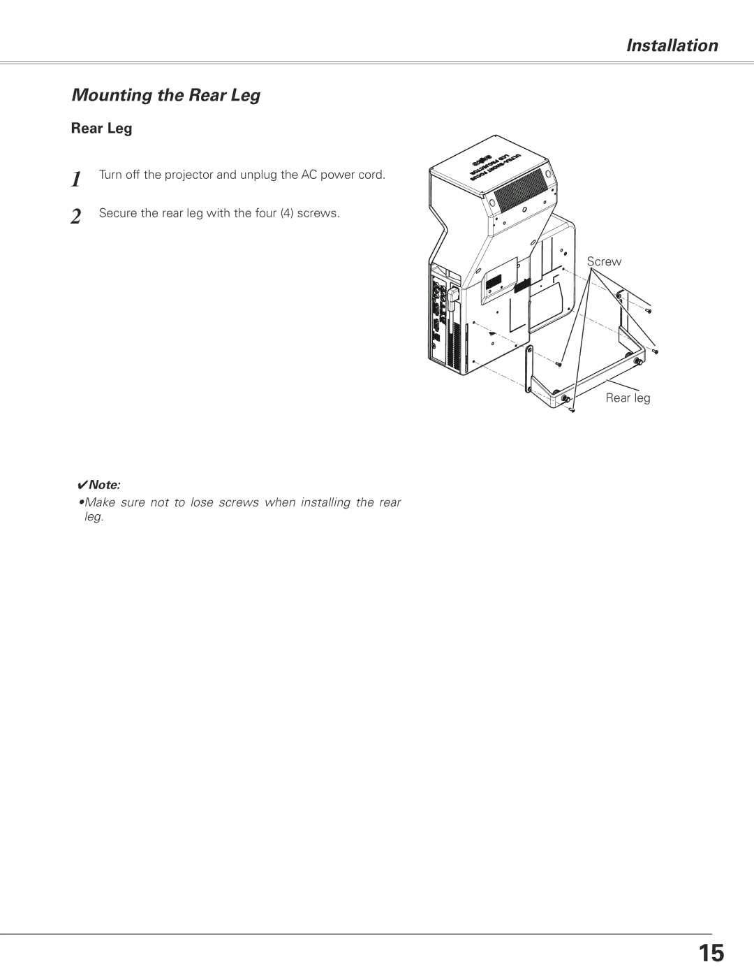 Sanyo PLC-XL50A owner manual Installation Mounting the Rear Leg 