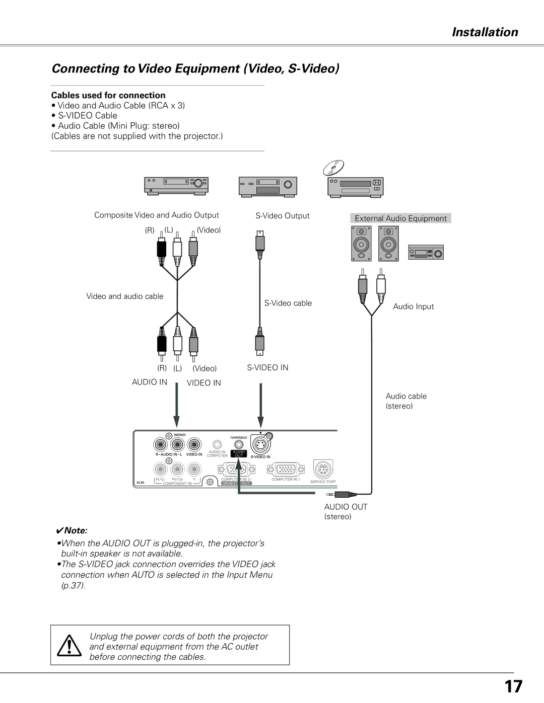 Sanyo PLC-XL50A owner manual Installation Connecting to Video Equipment Video, S-Video 