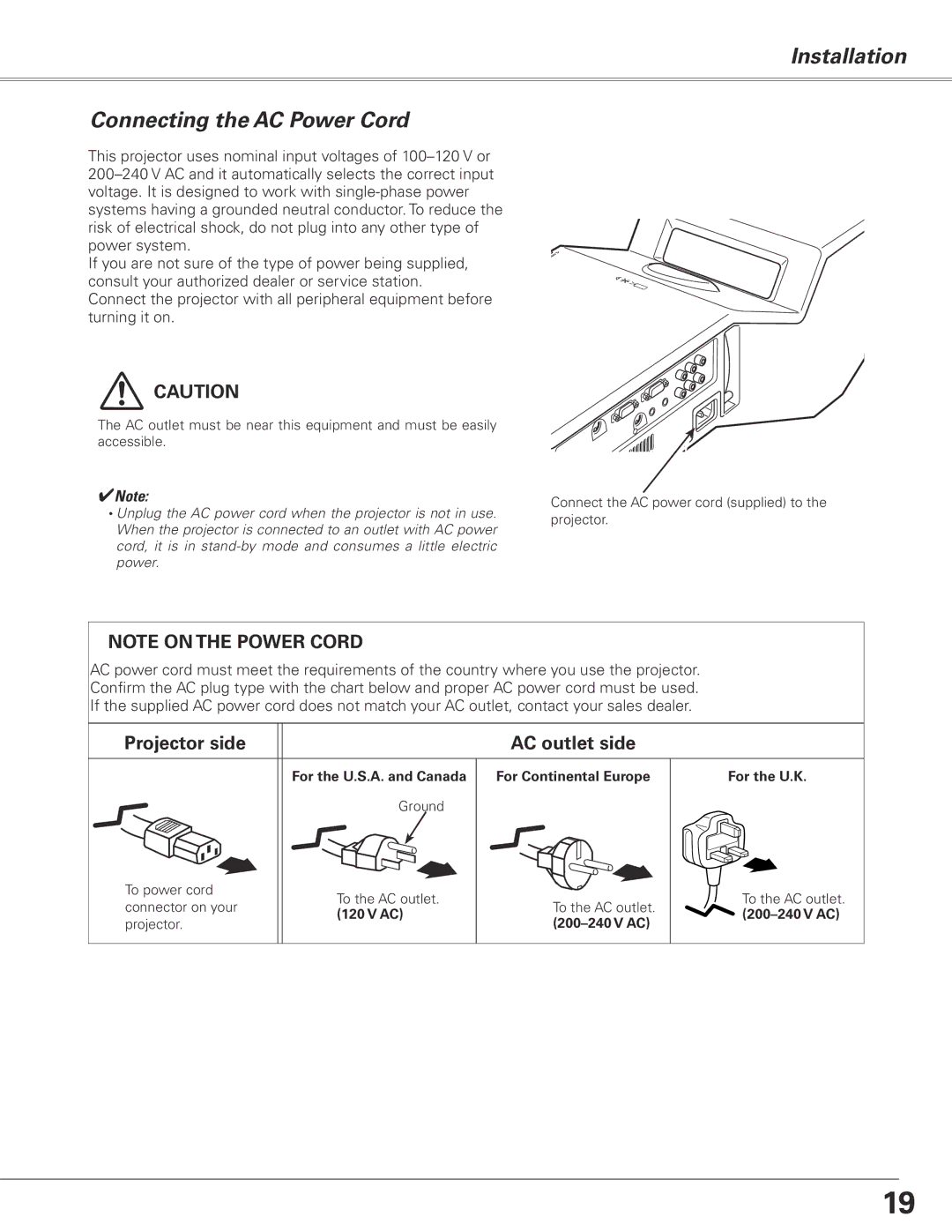 Sanyo PLC-XL50A owner manual Installation Connecting the AC Power Cord, Projector side AC outlet side 