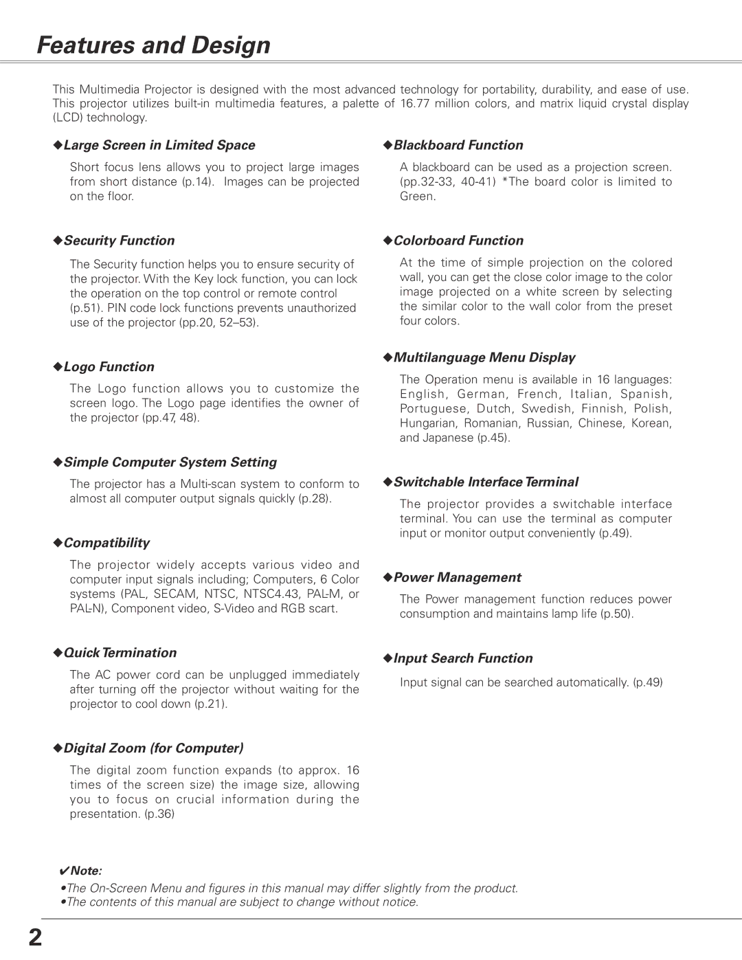 Sanyo PLC-XL50A owner manual Features and Design, Large Screen in Limited Space 