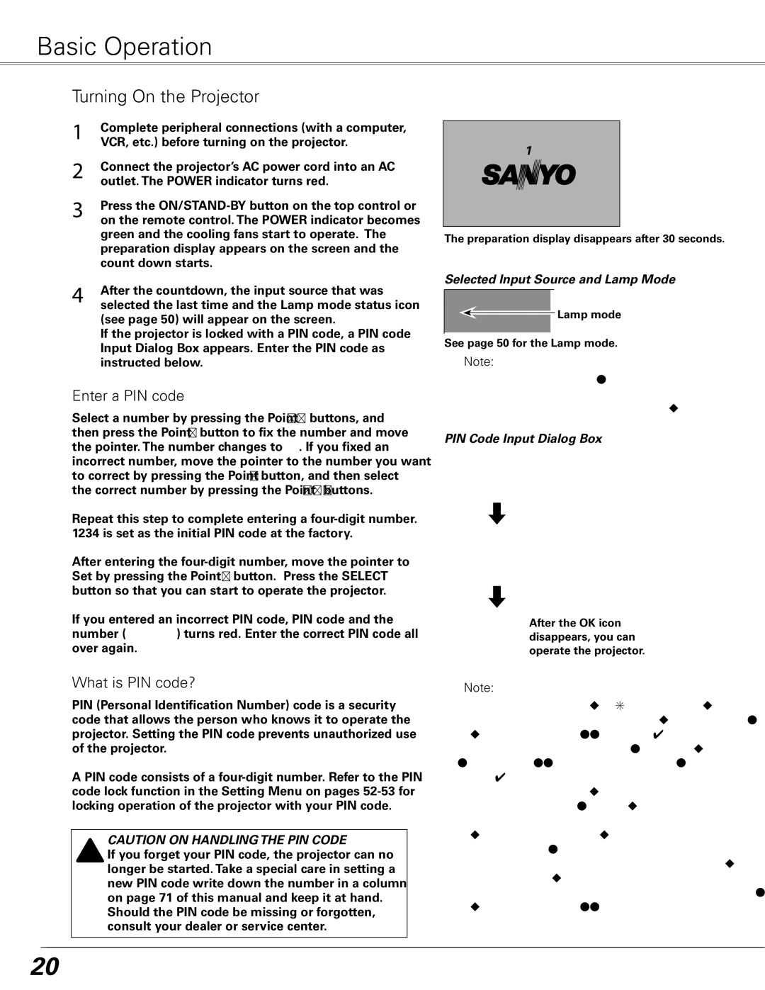 Sanyo PLC-XL50A Basic Operation, Turning On the Projector, Selected Input Source and Lamp Mode, PIN Code Input Dialog Box 