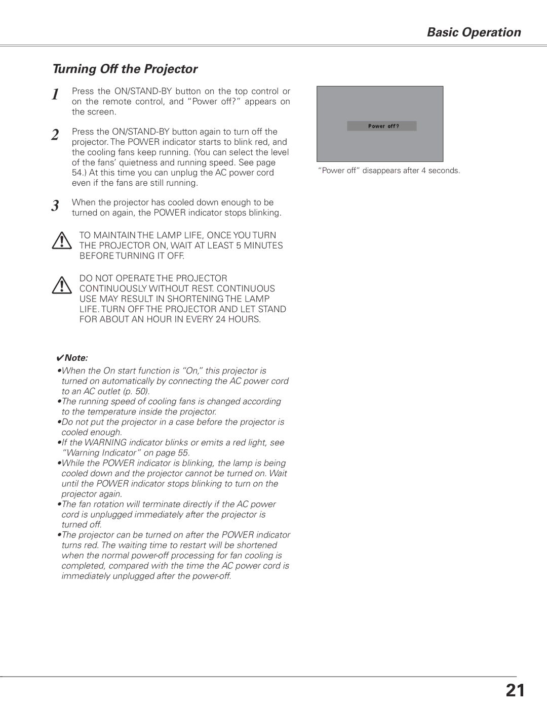 Sanyo PLC-XL50A owner manual Basic Operation Turning Off the Projector 