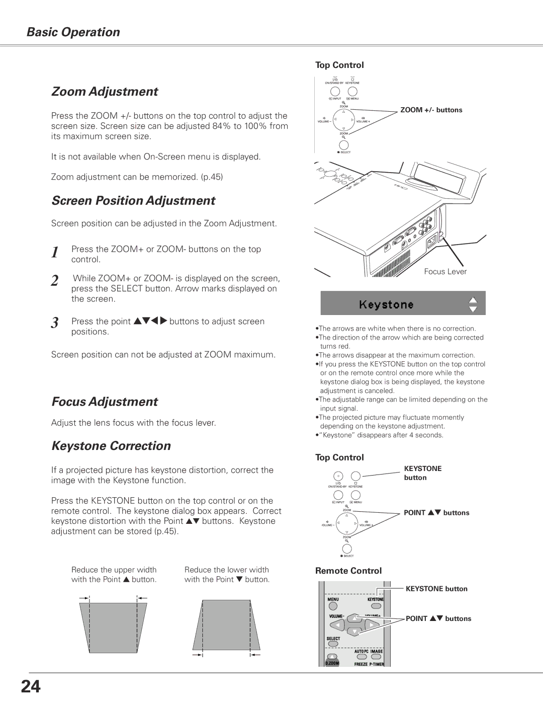 Sanyo PLC-XL50A Basic Operation Zoom Adjustment, Screen Position Adjustment, Focus Adjustment, Keystone Correction 