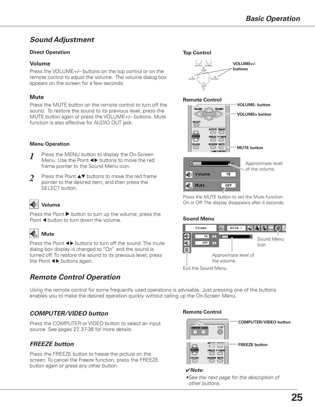 Sanyo PLC-XL50A owner manual Basic Operation Sound Adjustment, Remote Control Operation 