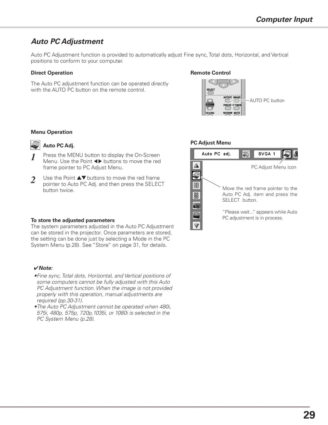 Sanyo PLC-XL50A owner manual Computer Input Auto PC Adjustment, Direct Operation Remote Control, Menu Operation Auto PC Adj 