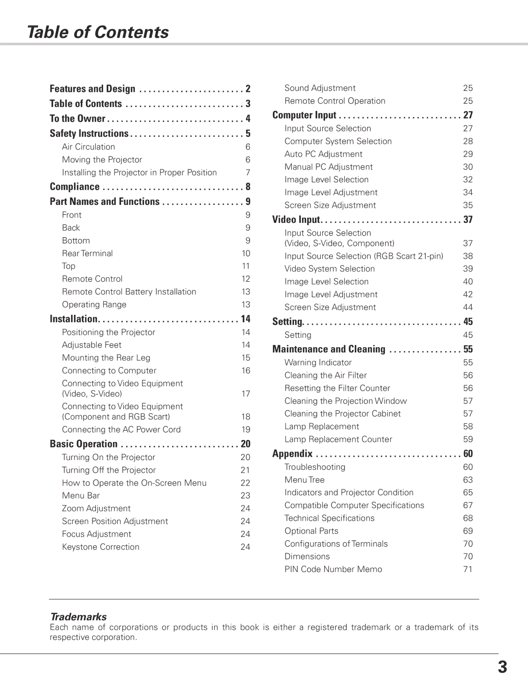 Sanyo PLC-XL50A owner manual Table of Contents 