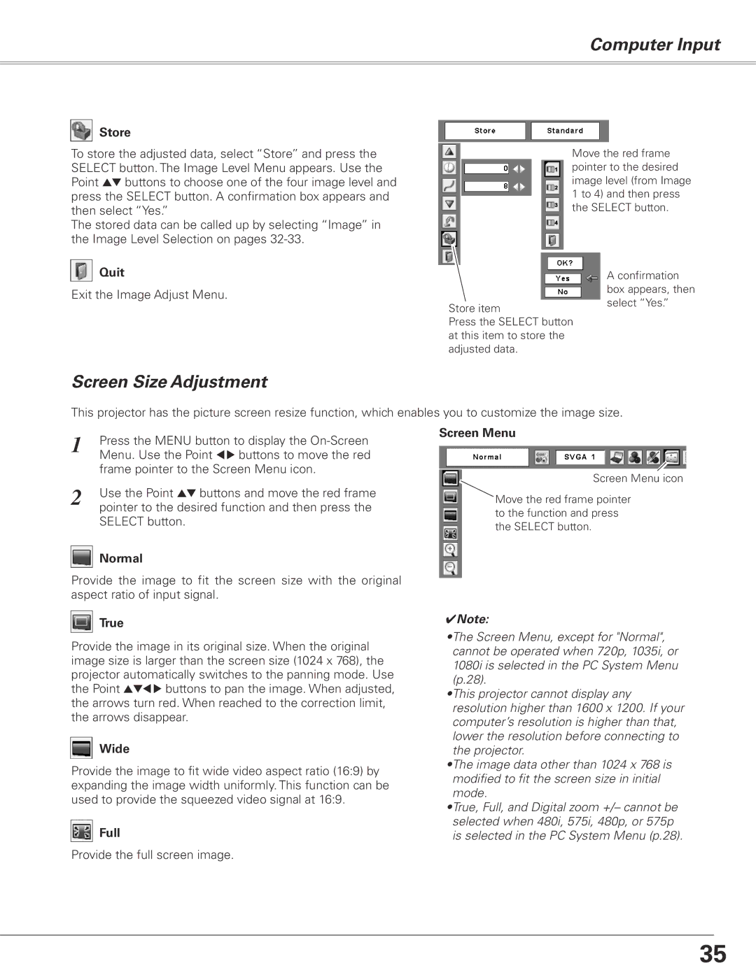 Sanyo PLC-XL50A owner manual Screen Size Adjustment 