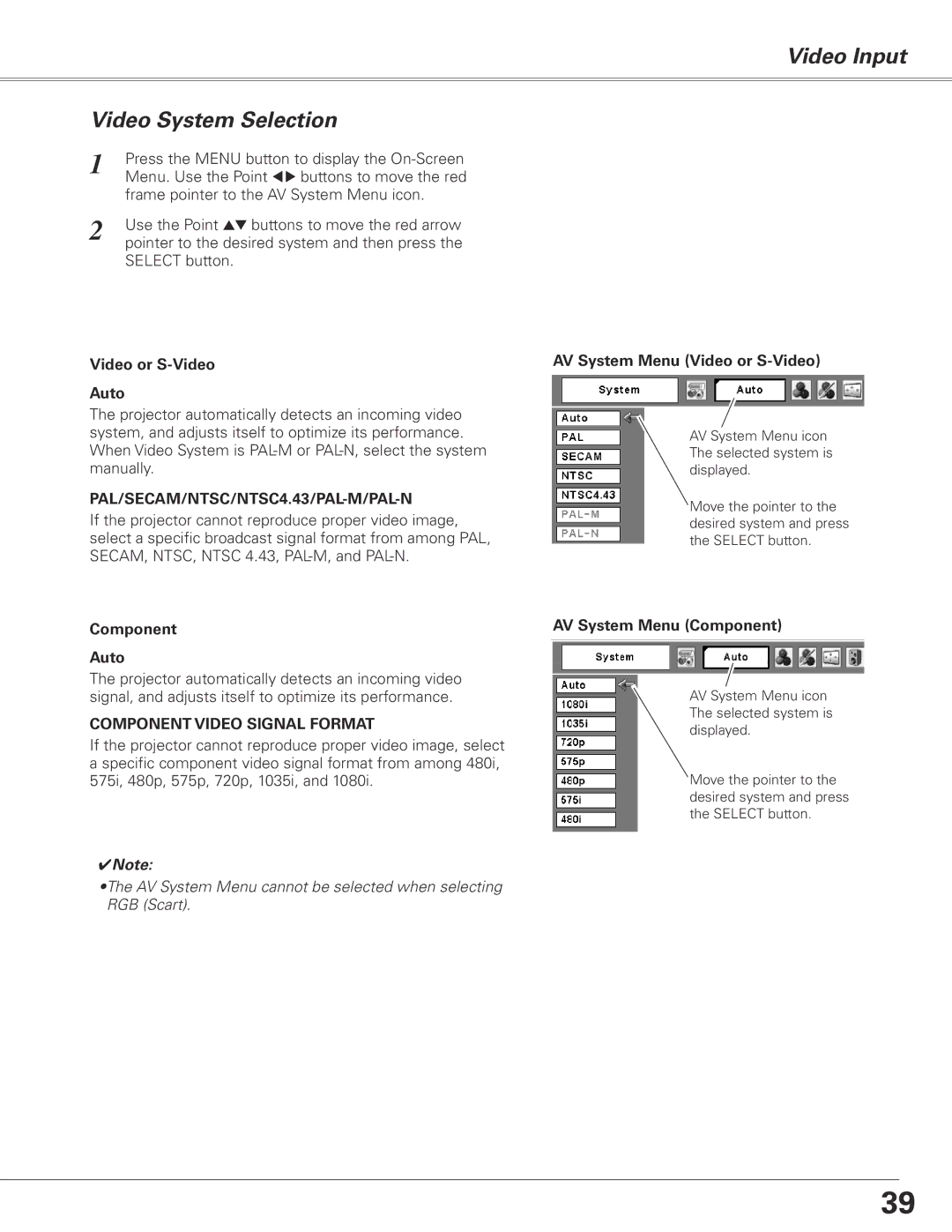 Sanyo PLC-XL50A Video Input Video System Selection, Video or S-Video Auto, Component Auto, AV System Menu Video or S-Video 