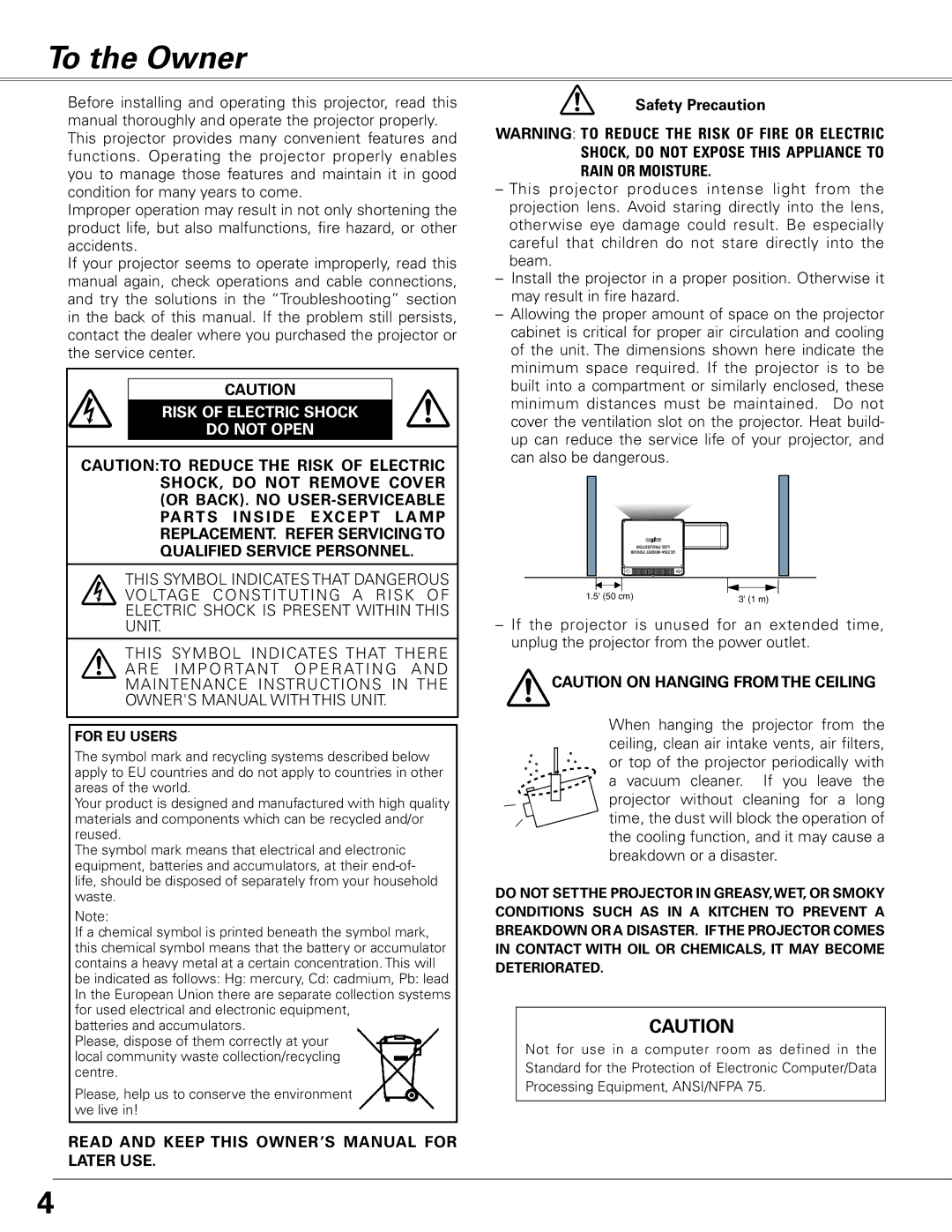 Sanyo PLC-XL50A owner manual To the Owner, Safety Precaution 